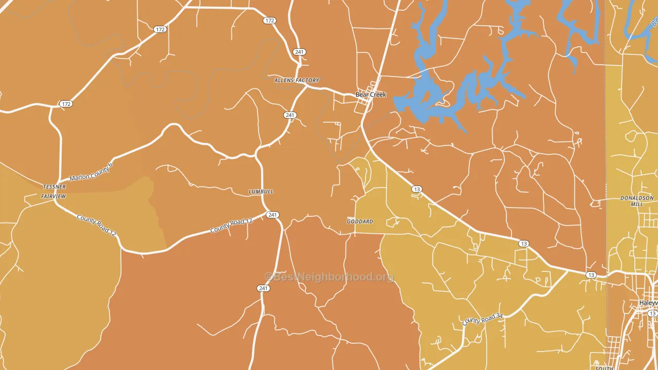 Map of the best neighborhoods in the Lumbull area, with better matches in green and worse matches in red