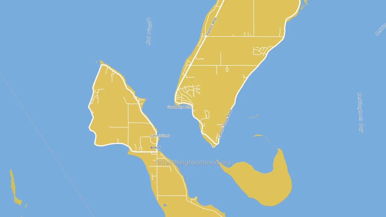 Map of the best neighborhoods in the Lummi Island area, with better matches in green and worse matches in red