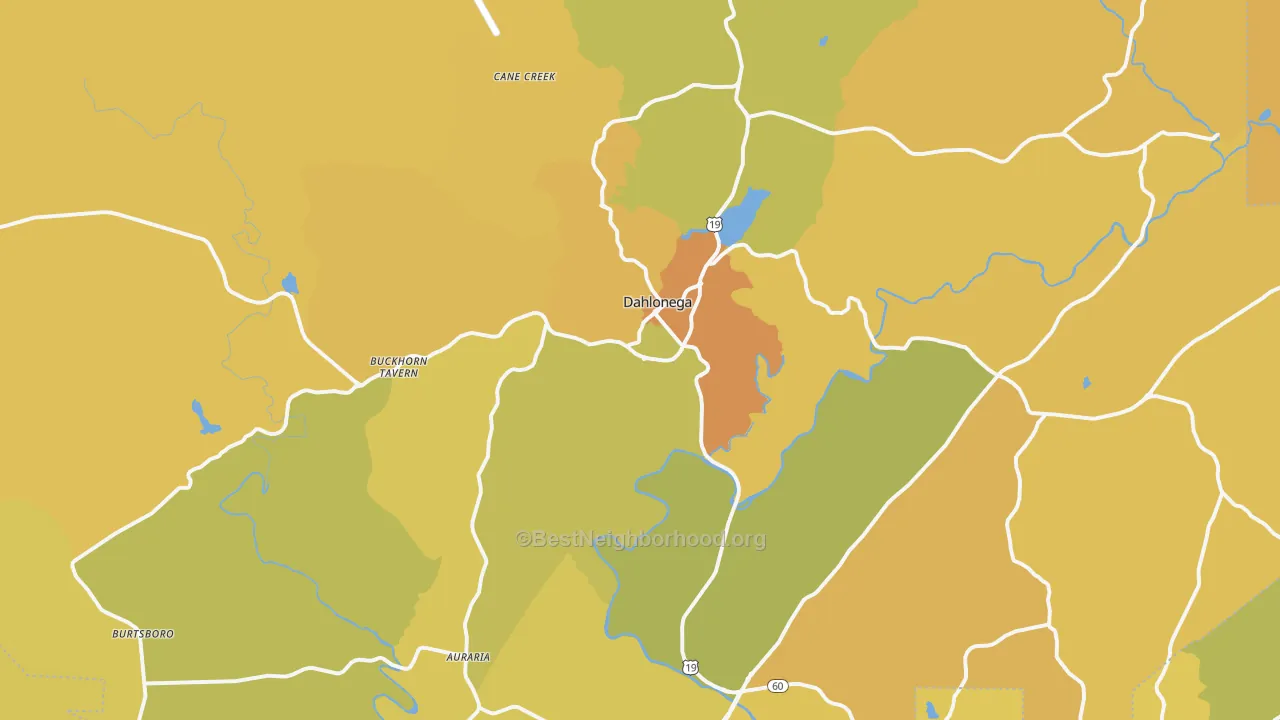 Map of the best neighborhoods in the Lumpkin County area, with better matches in green and worse matches in red