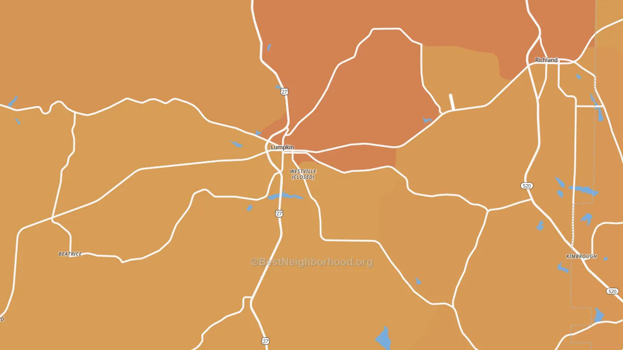 Map of the best neighborhoods in the Lumpkin area, with better matches in green and worse matches in red