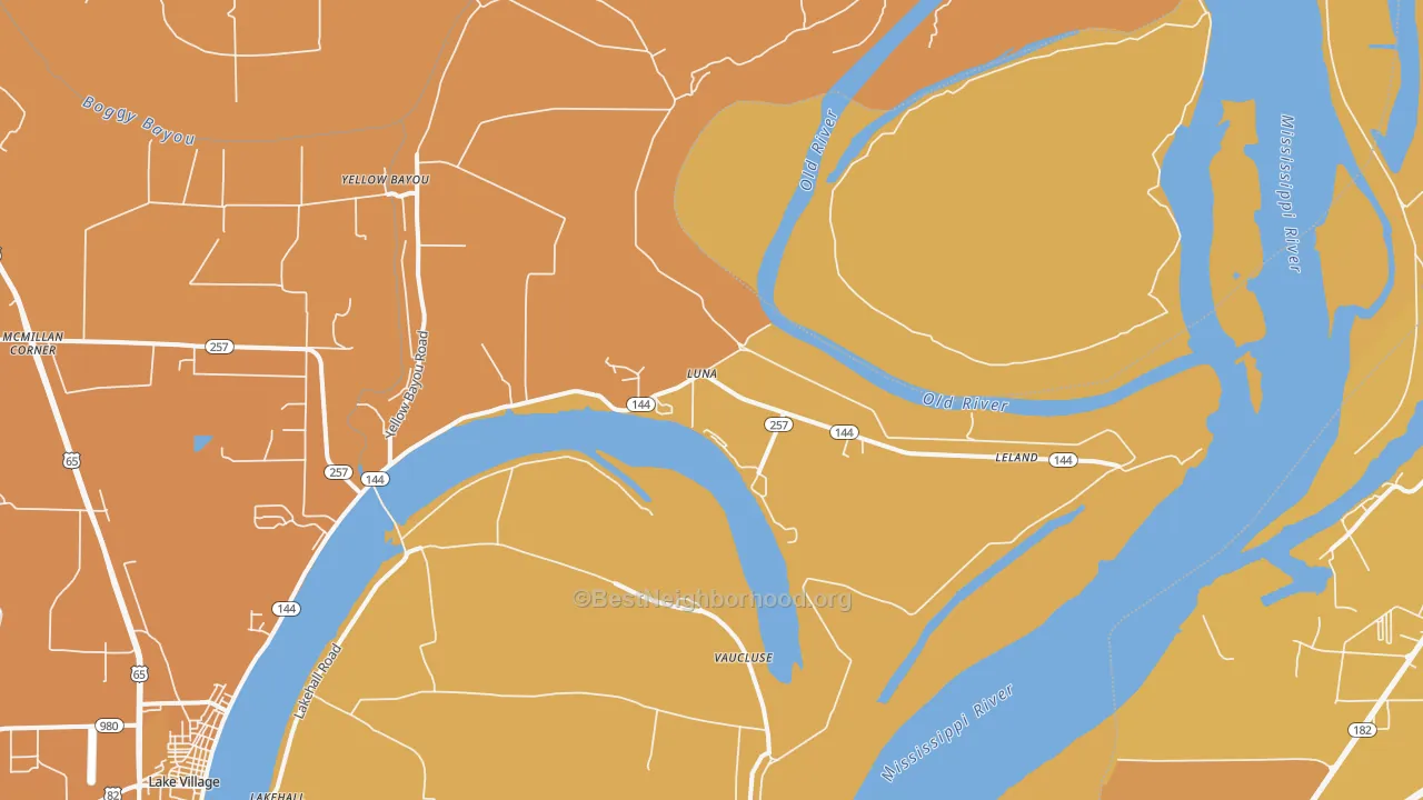 Map of the best neighborhoods in the Luna area, with better matches in green and worse matches in red
