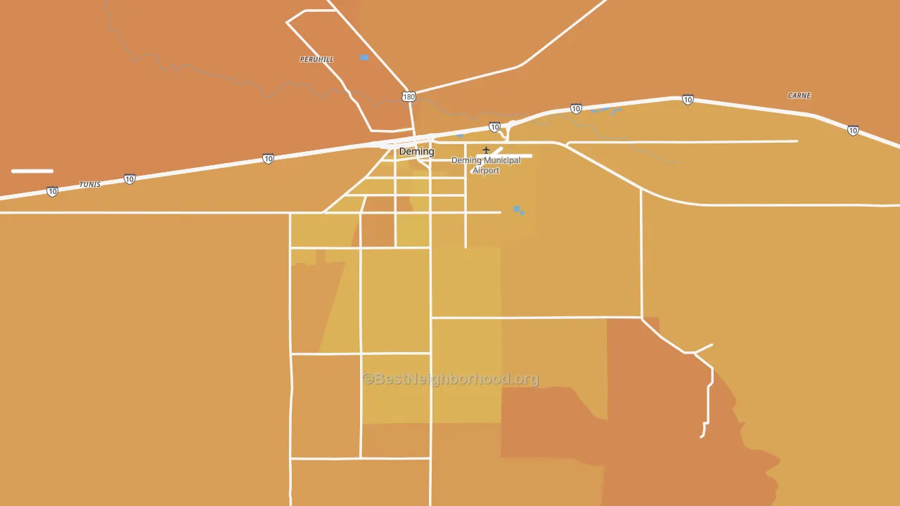 Map of the best neighborhoods in the Luna County area, with better matches in green and worse matches in red