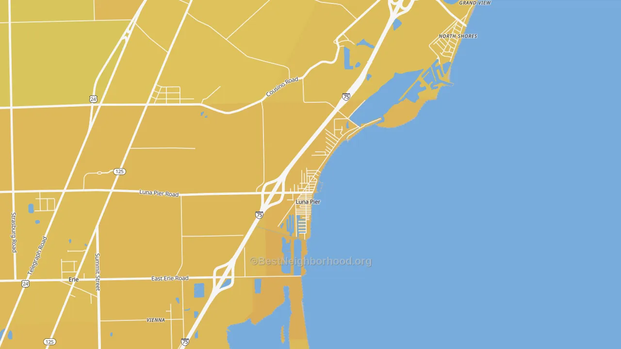 Map of the best neighborhoods in the Luna Pier area, with better matches in green and worse matches in red