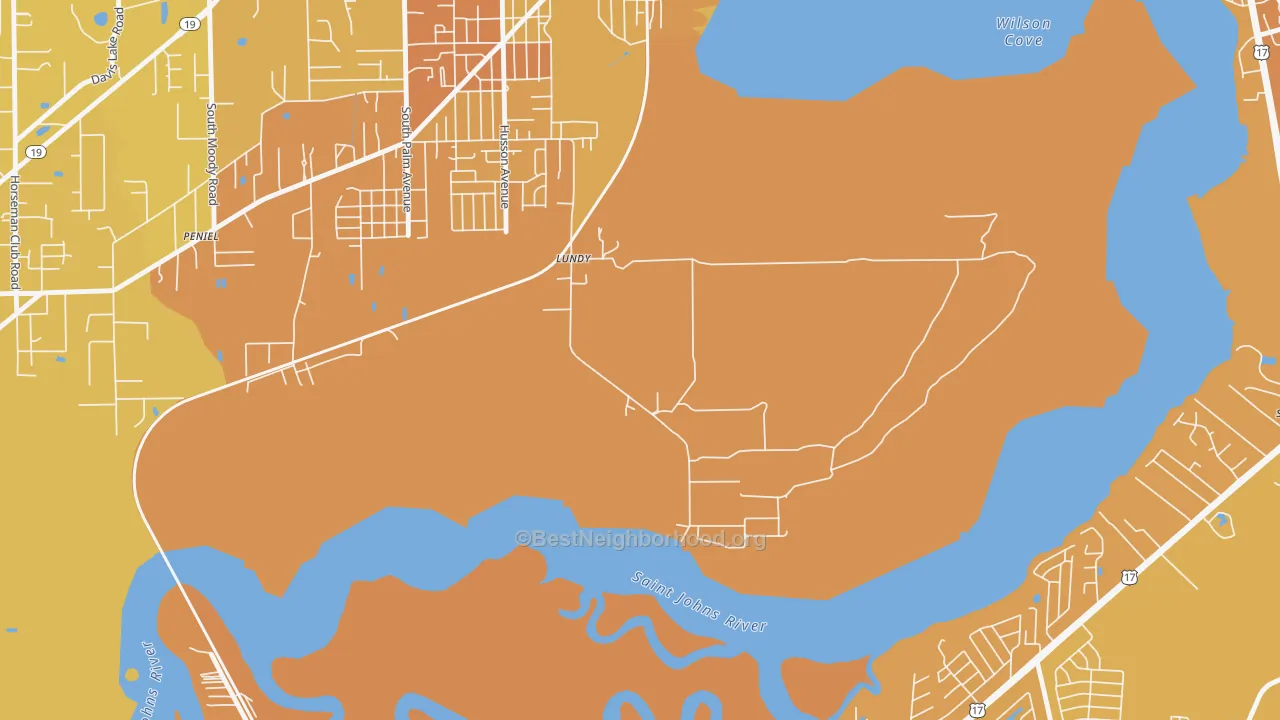 Map of the best neighborhoods in the Lundy area, with better matches in green and worse matches in red