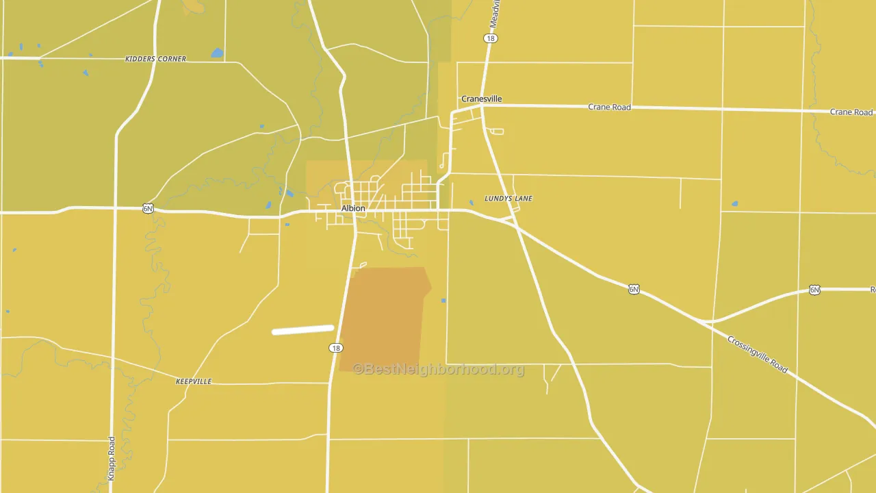 Map of the best neighborhoods in the Lundys Lane area, with better matches in green and worse matches in red