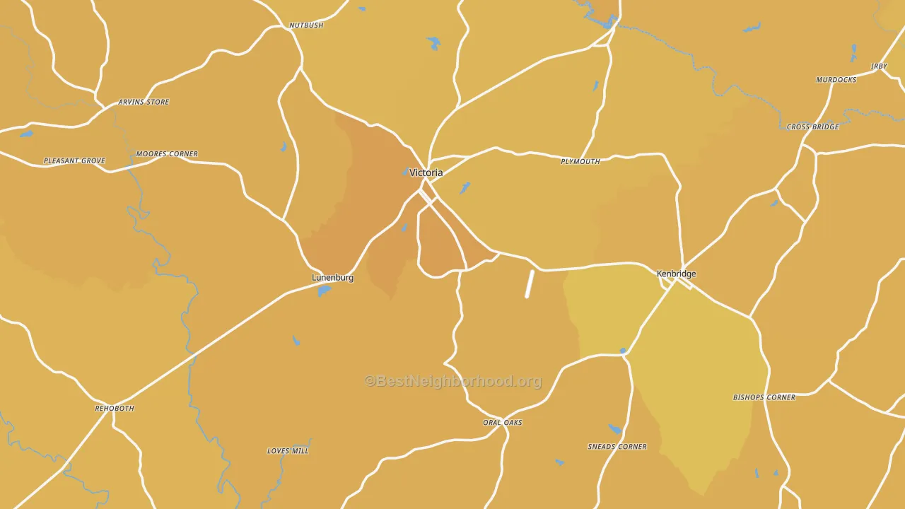 Map of the best neighborhoods in the Lunenburg County area, with better matches in green and worse matches in red