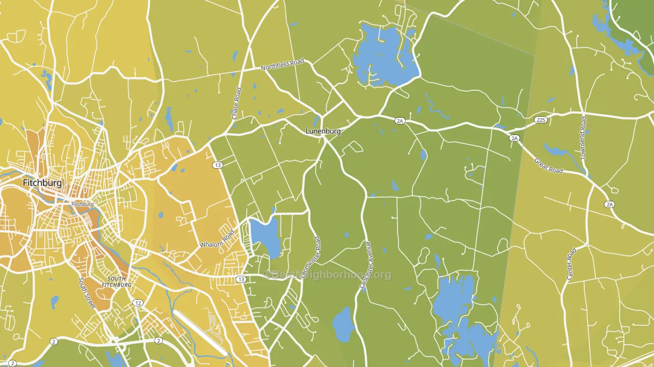 Map of the best neighborhoods in the Lunenburg area, with better matches in green and worse matches in red
