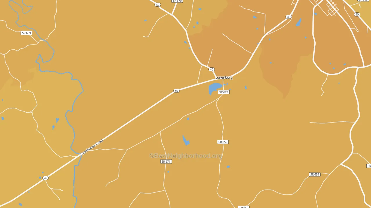 Map of the best neighborhoods in the Lunenburg area, with better matches in green and worse matches in red