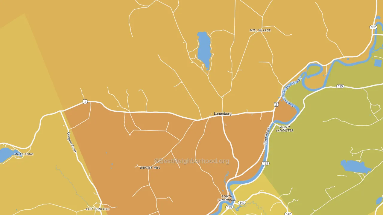 Map of the best neighborhoods in the Lunenburg area, with better matches in green and worse matches in red