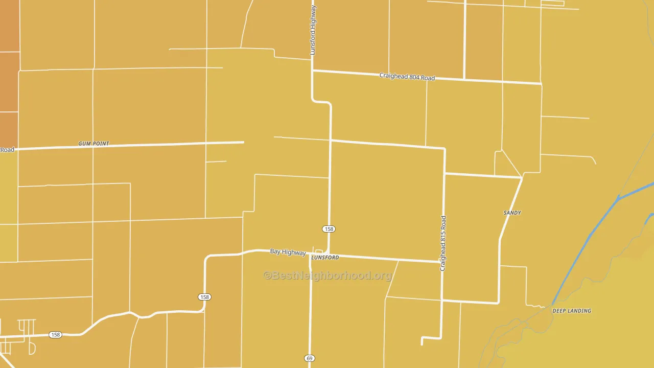 Map of the best neighborhoods in the Lunsford area, with better matches in green and worse matches in red