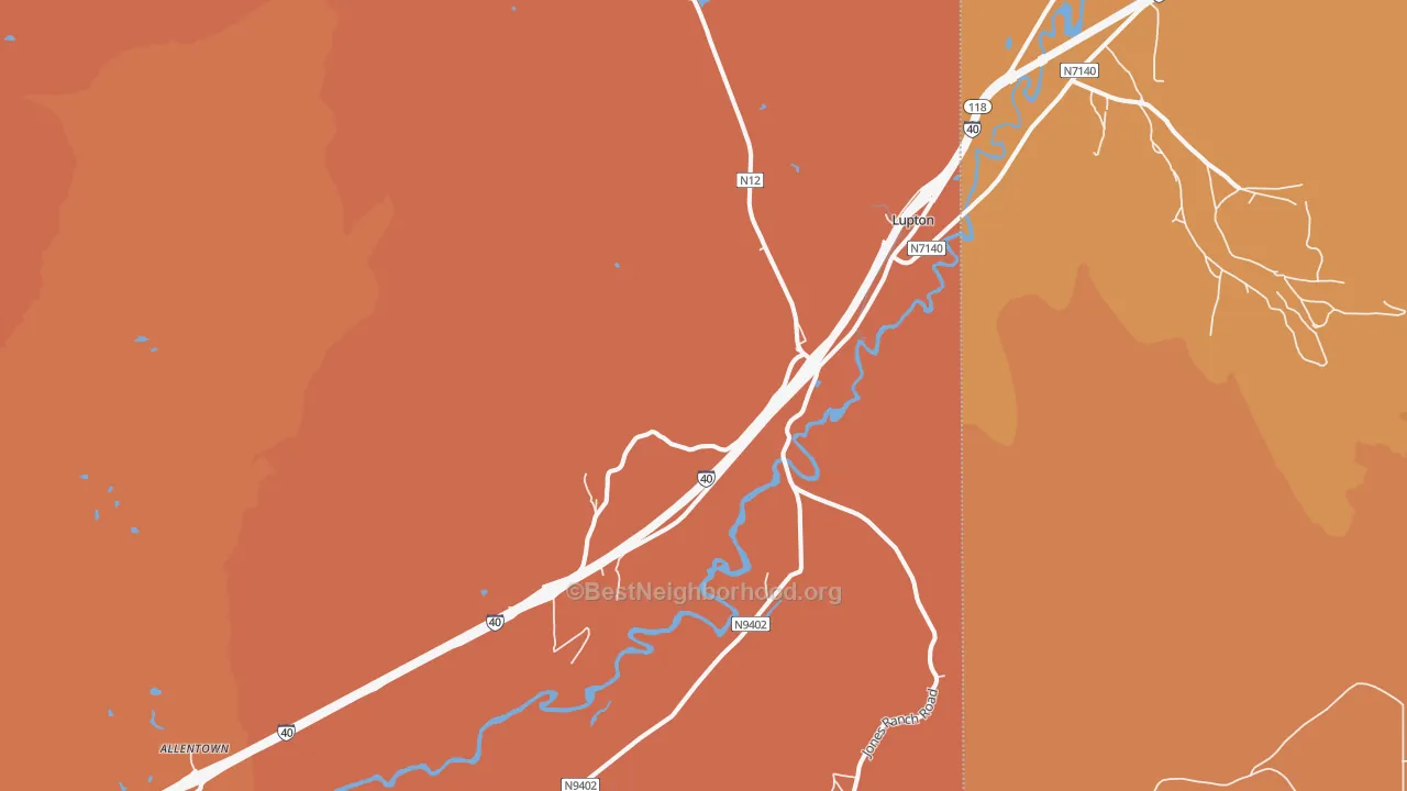 Map of the best neighborhoods in the Lupton area, with better matches in green and worse matches in red