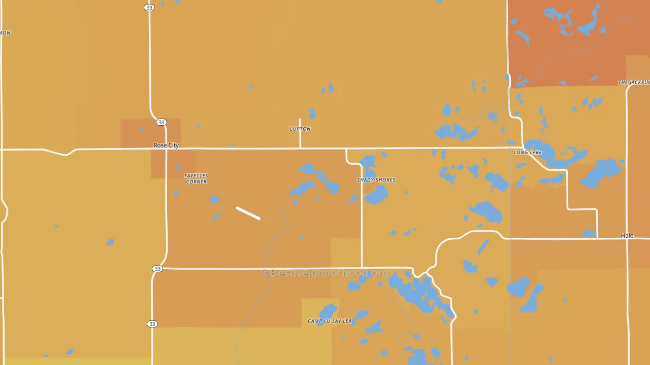 Map of the best neighborhoods in the Lupton area, with better matches in green and worse matches in red