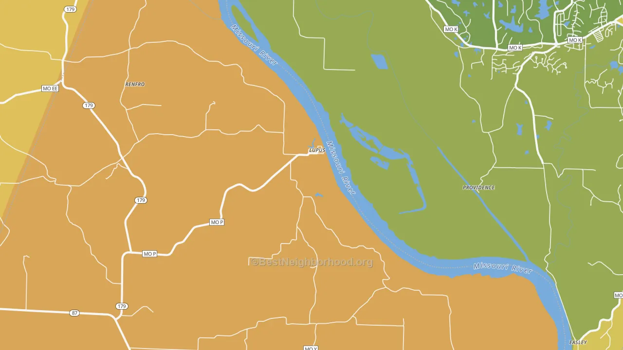 Map of the best neighborhoods in the Lupus area, with better matches in green and worse matches in red