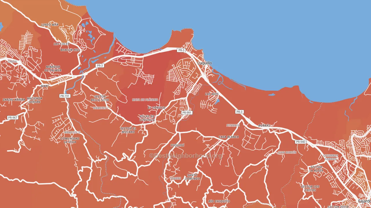 Map of the best neighborhoods in the Luquillo Municipio area, with better matches in green and worse matches in red