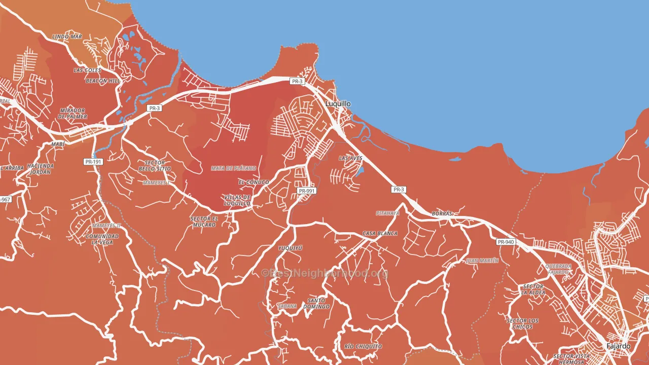 Map of the best neighborhoods in the Luquillo area, with better matches in green and worse matches in red