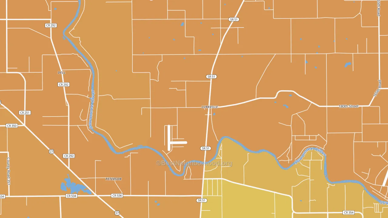 Map of the best neighborhoods in the Luraville area, with better matches in green and worse matches in red