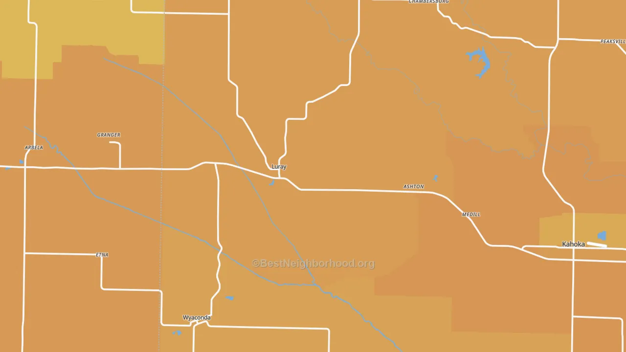 Map of the best neighborhoods in the Luray area, with better matches in green and worse matches in red