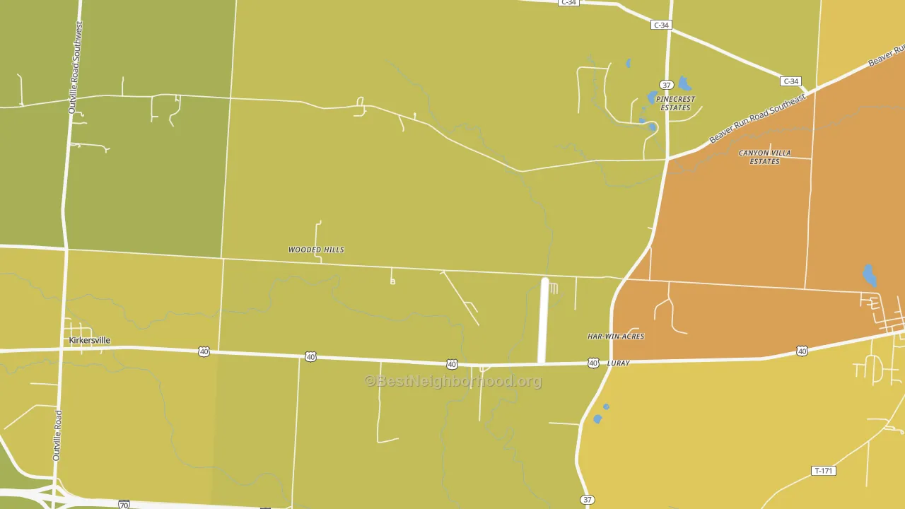 Map of the best neighborhoods in the Luray area, with better matches in green and worse matches in red