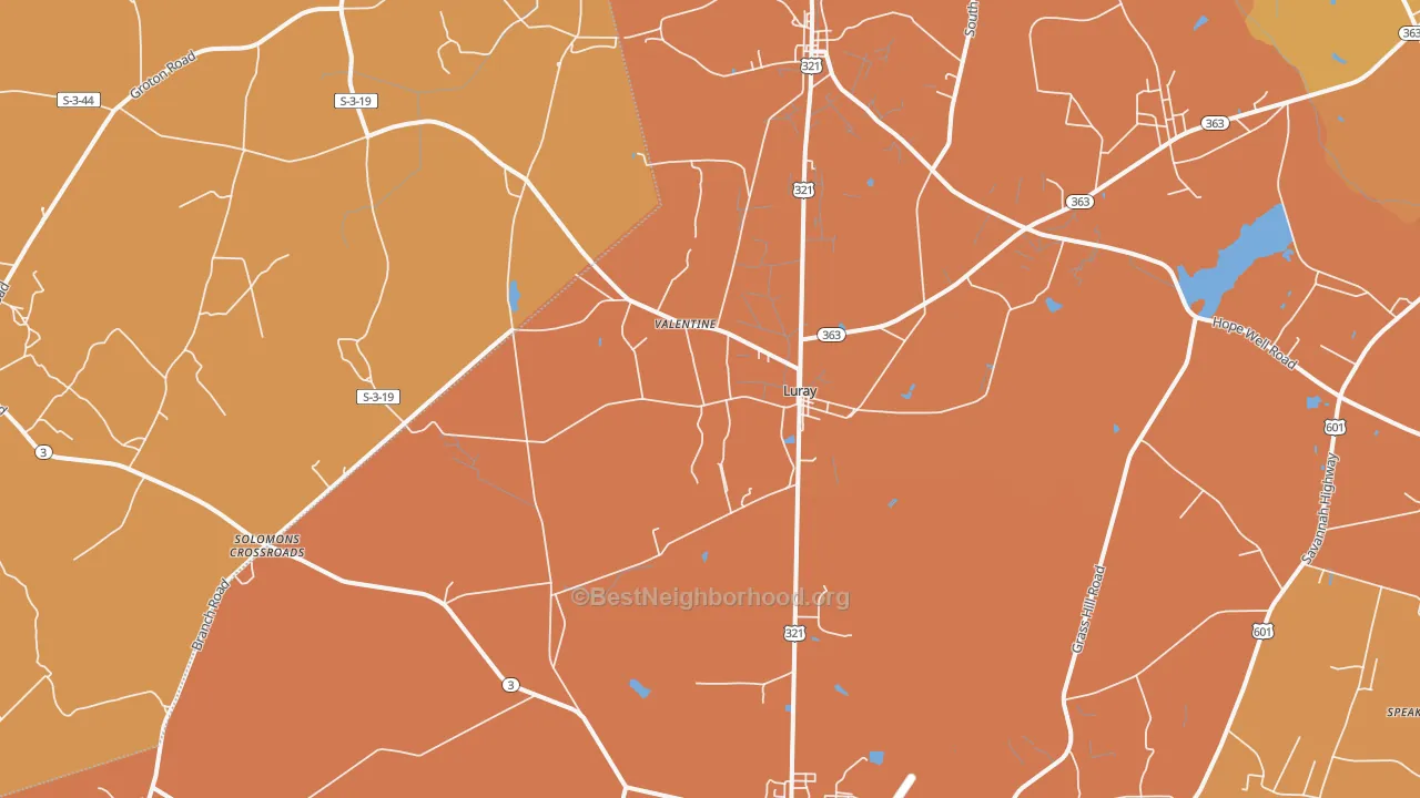 Map of the best neighborhoods in the Luray area, with better matches in green and worse matches in red