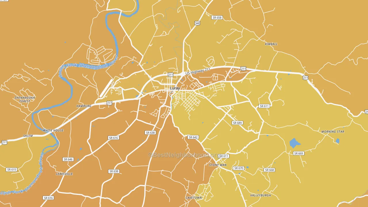 Map of the best neighborhoods in the Luray area, with better matches in green and worse matches in red