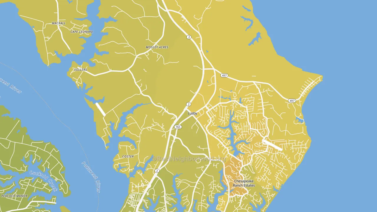 Map of the best neighborhoods in the Lusby area, with better matches in green and worse matches in red