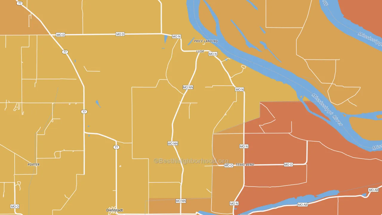 Map of the best neighborhoods in the Lusk area, with better matches in green and worse matches in red
