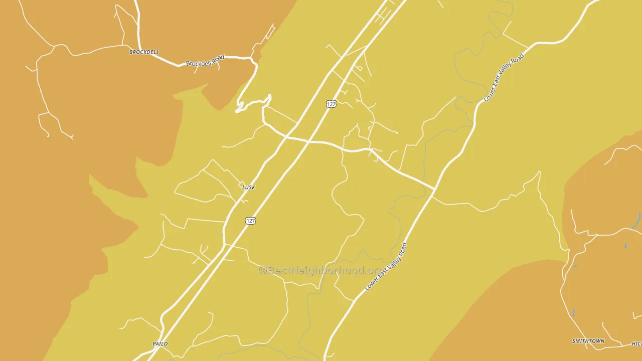 Map of the best neighborhoods in the Lusk area, with better matches in green and worse matches in red
