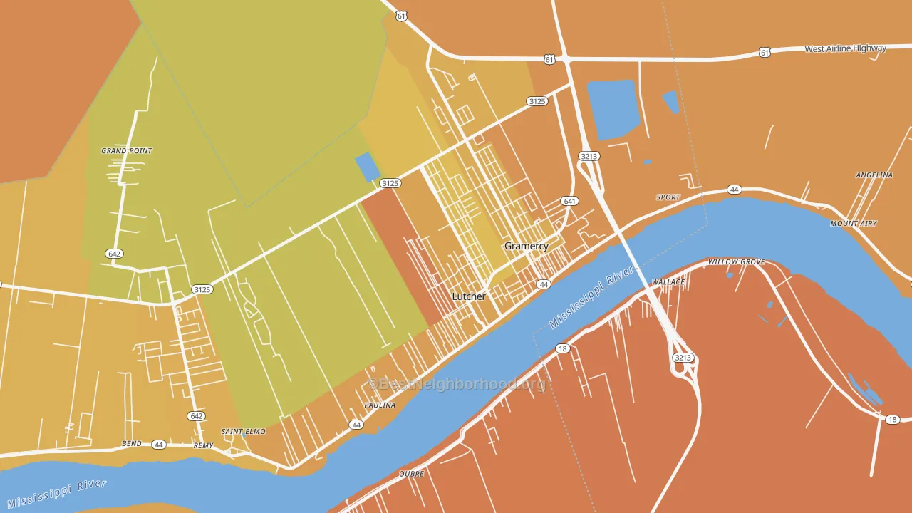 Map of the best neighborhoods in the Lutcher area, with better matches in green and worse matches in red