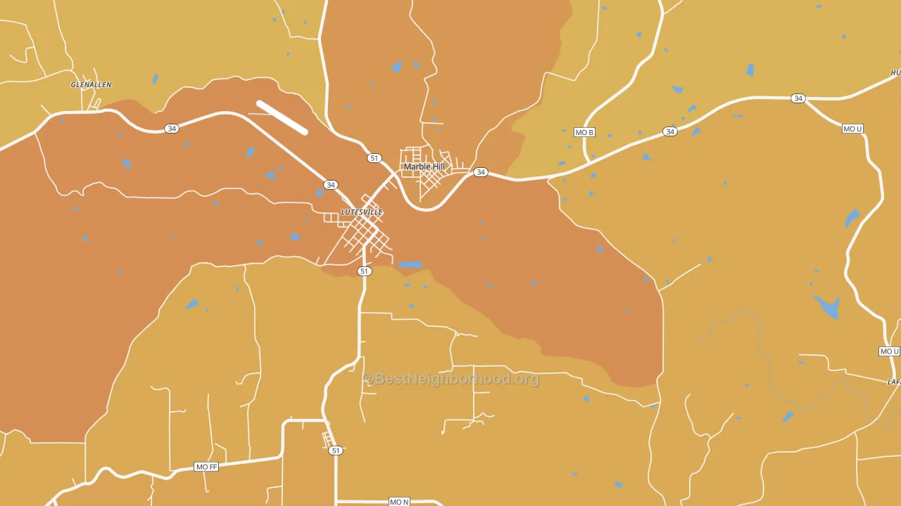 Map of the best neighborhoods in the Lutesville area, with better matches in green and worse matches in red