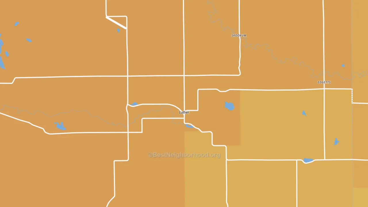 Map of the best neighborhoods in the Luther area, with better matches in green and worse matches in red