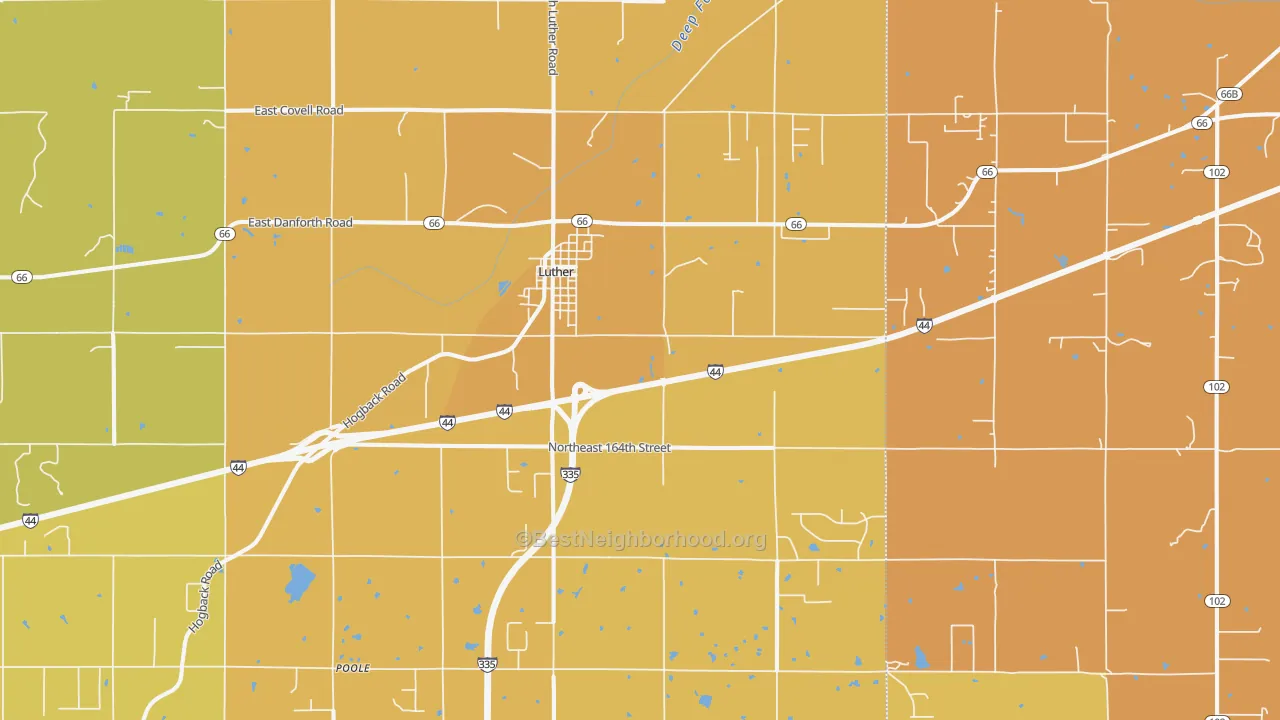 Map of the best neighborhoods in the Luther area, with better matches in green and worse matches in red