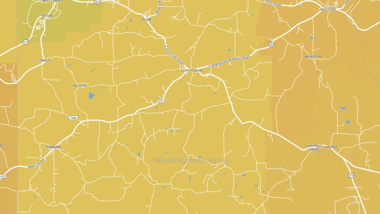 Map of the best neighborhoods in the Luthersburg area, with better matches in green and worse matches in red