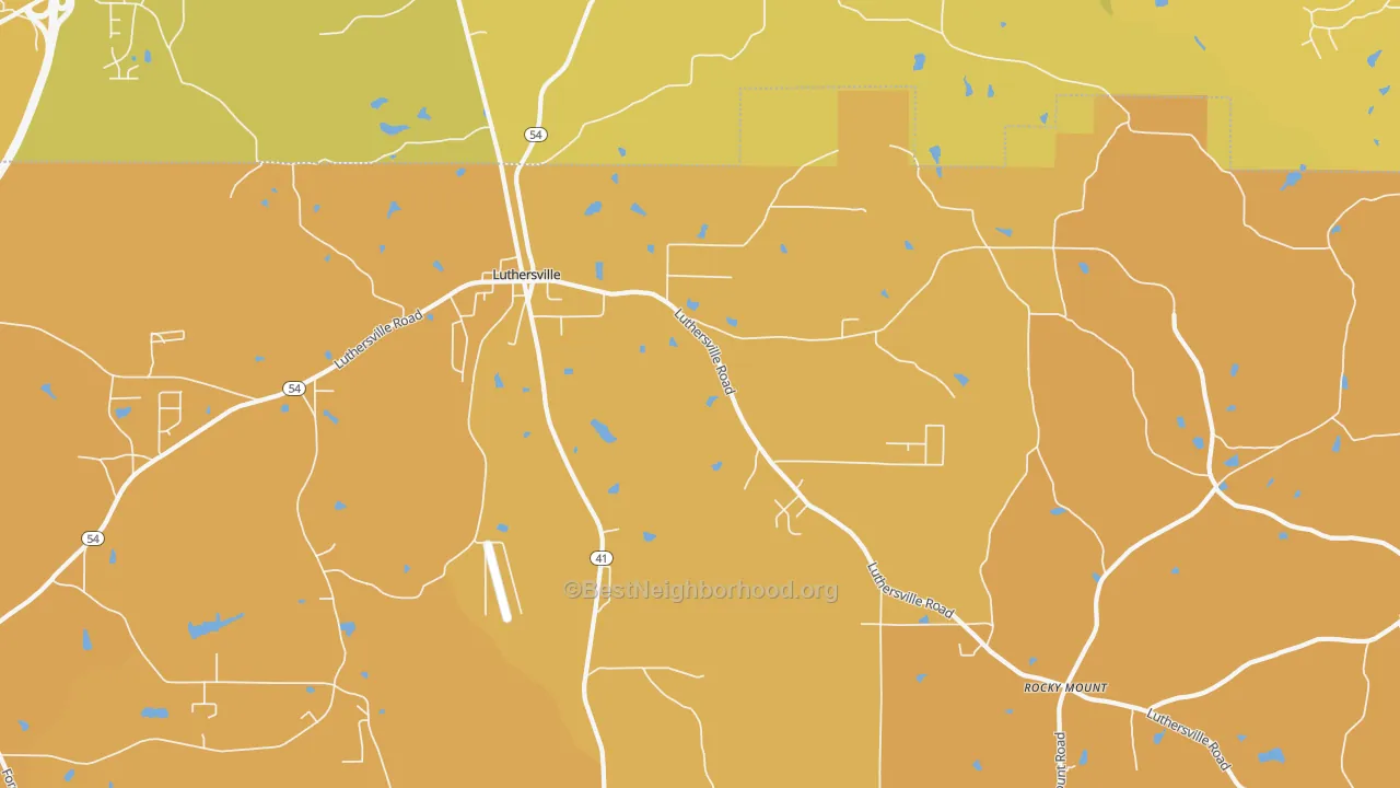 Map of the best neighborhoods in the Luthersville area, with better matches in green and worse matches in red