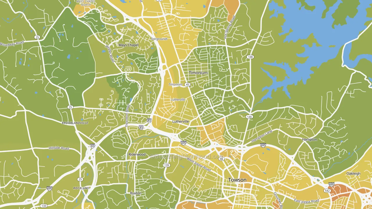 Map of the best neighborhoods in the Lutherville area, with better matches in green and worse matches in red