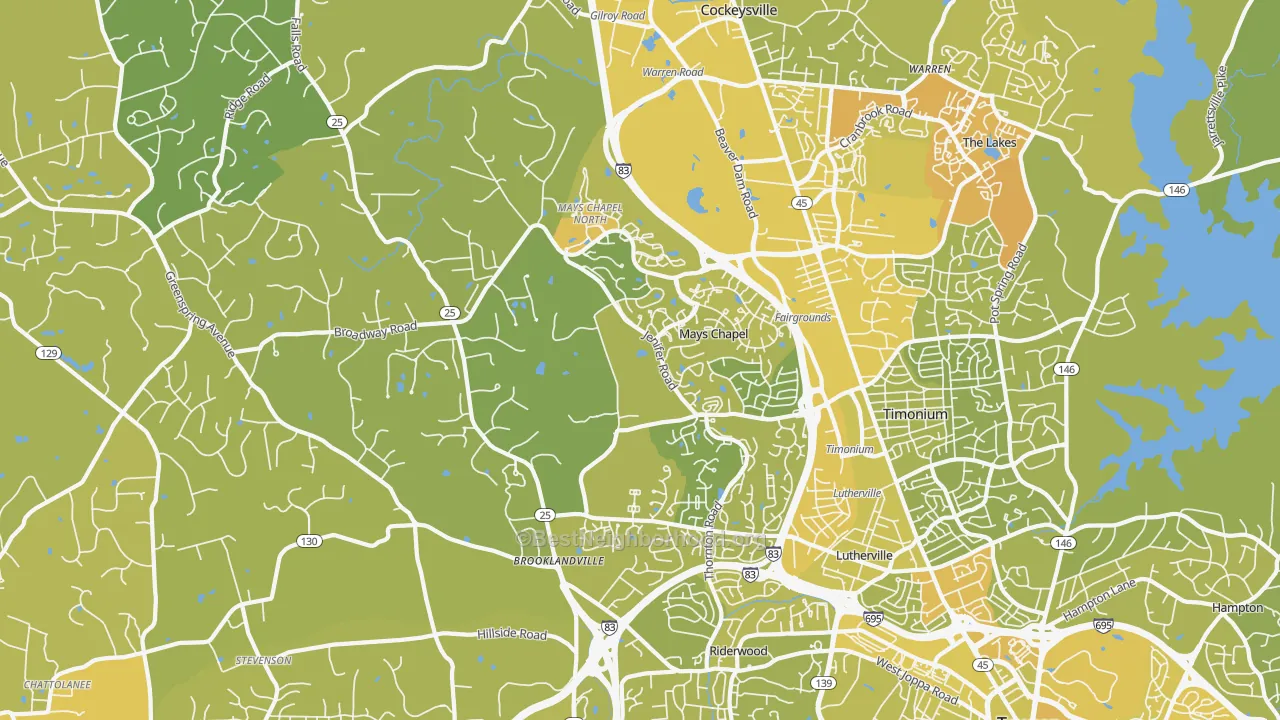Map of the best neighborhoods in the Lutherville-Timonium area, with better matches in green and worse matches in red