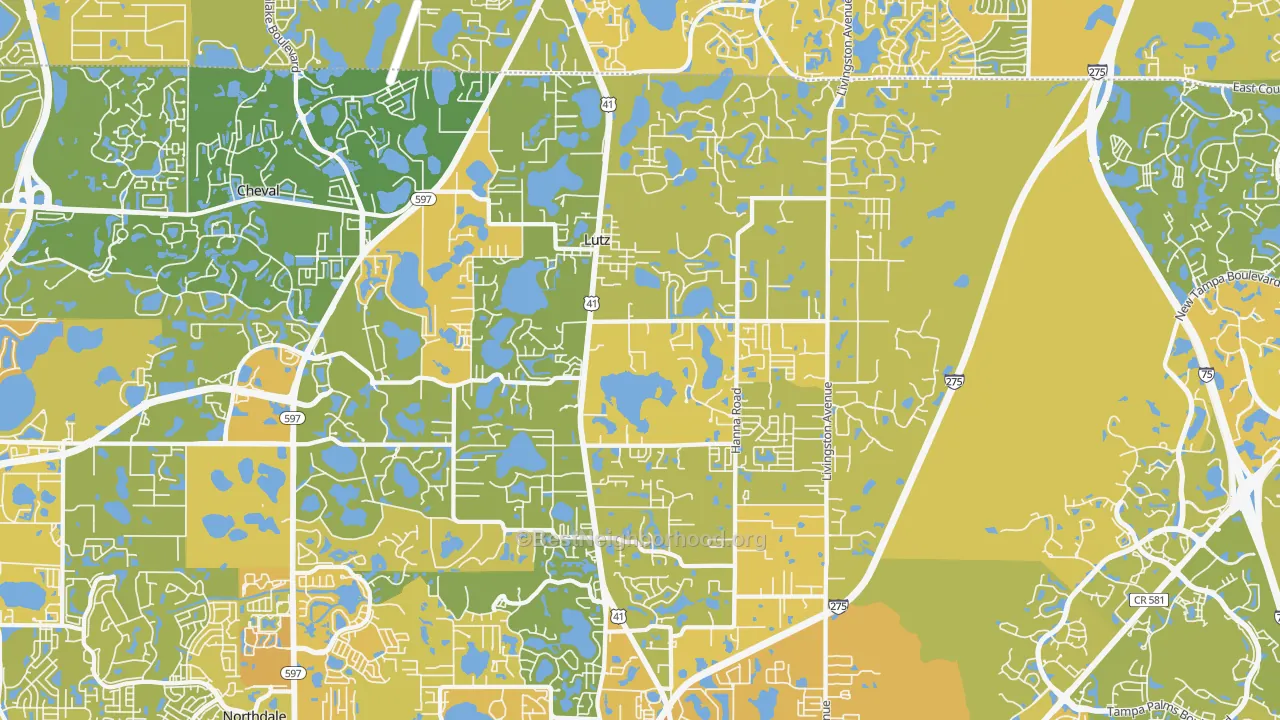 Map of the best neighborhoods in the Lutz area, with better matches in green and worse matches in red