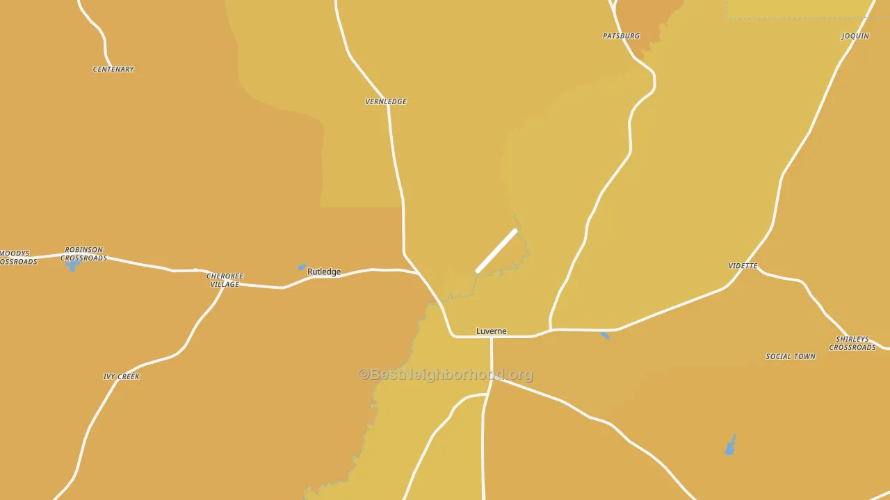 Map of the best neighborhoods in the Luverne area, with better matches in green and worse matches in red