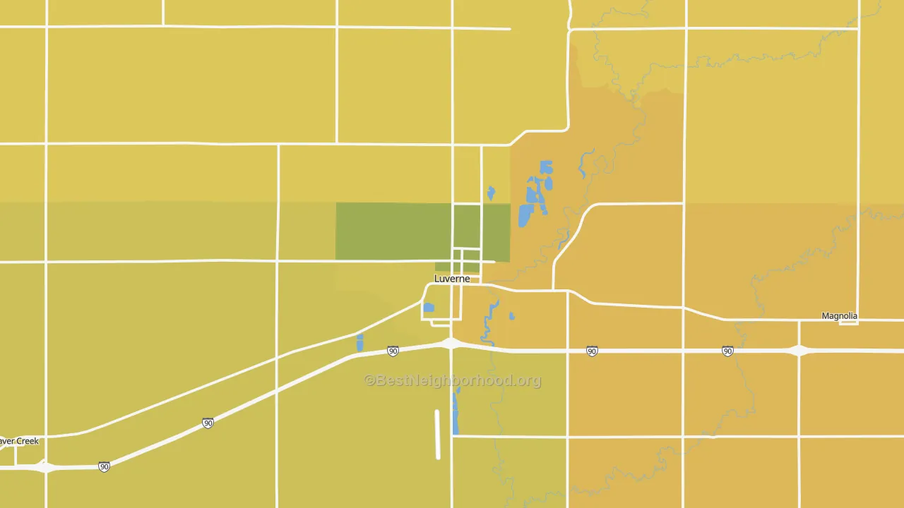 Map of the best neighborhoods in the Luverne area, with better matches in green and worse matches in red