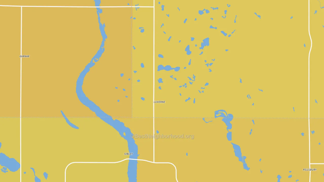 Map of the best neighborhoods in the Luverne area, with better matches in green and worse matches in red