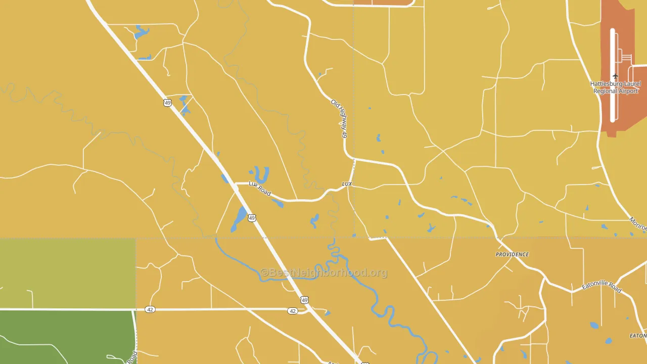 Map of the best neighborhoods in the Lux area, with better matches in green and worse matches in red