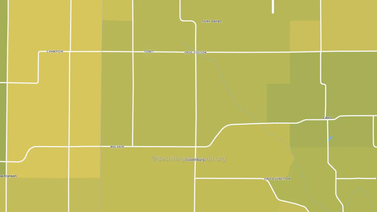 Map of the best neighborhoods in the Luxemburg area, with better matches in green and worse matches in red
