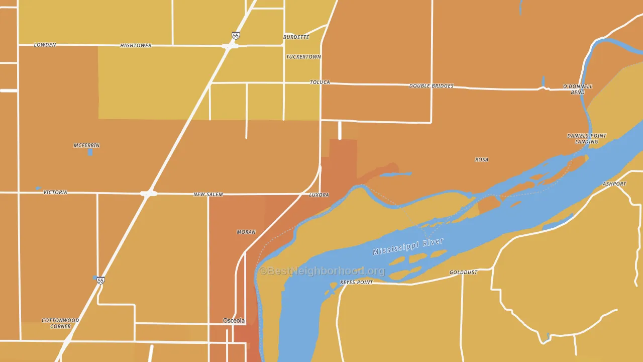 Map of the best neighborhoods in the Luxora area, with better matches in green and worse matches in red