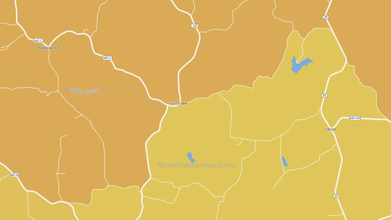 Map of the best neighborhoods in the Luystown area, with better matches in green and worse matches in red