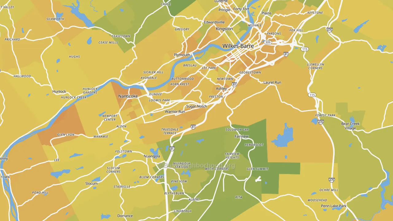 Map of the best neighborhoods in the Luzerne County area, with better matches in green and worse matches in red