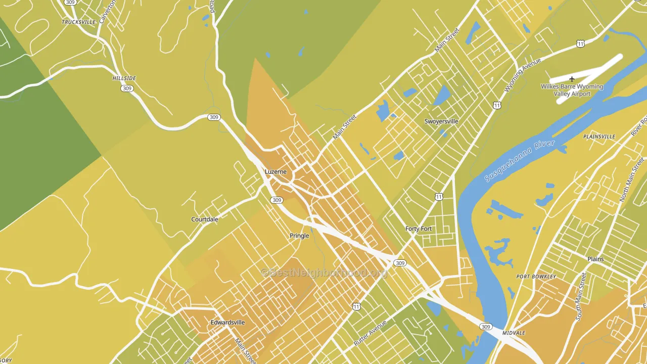 Map of the best neighborhoods in the Luzerne area, with better matches in green and worse matches in red