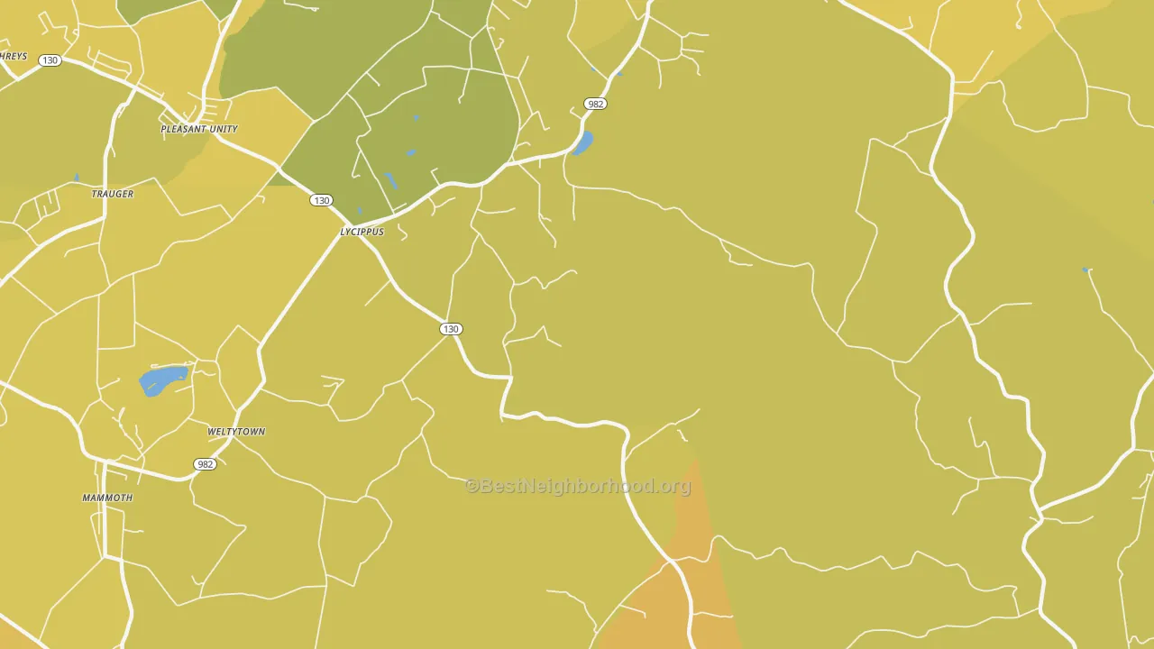 Map of the best neighborhoods in the Lycippus area, with better matches in green and worse matches in red