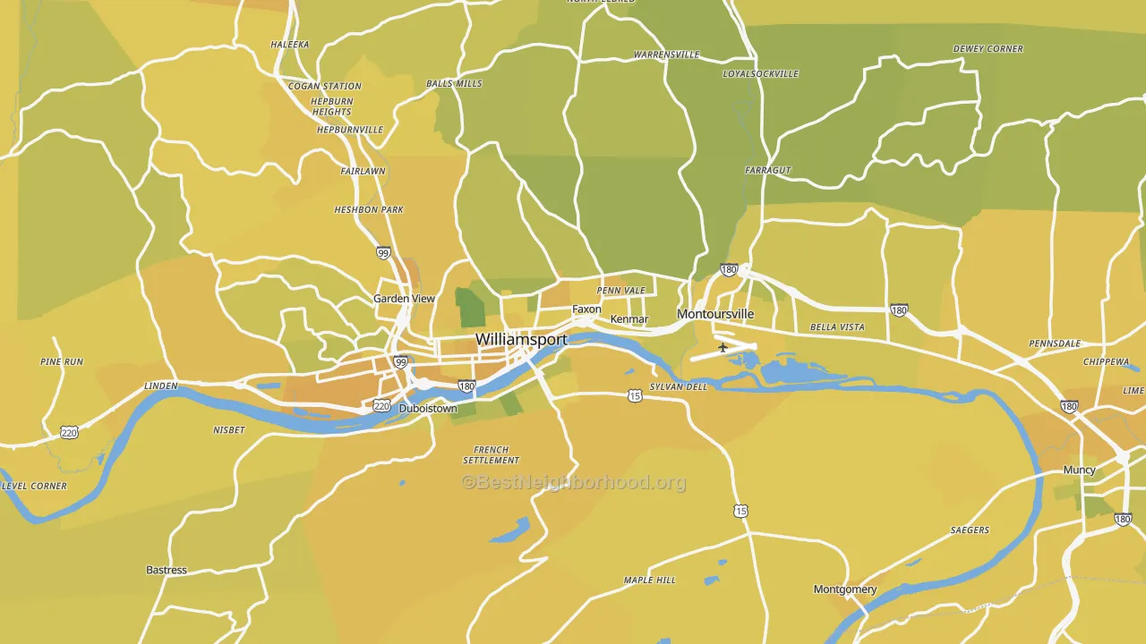 Map of the best neighborhoods in the Lycoming County area, with better matches in green and worse matches in red