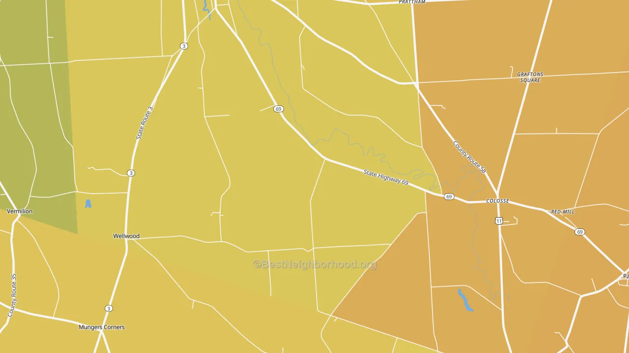 Map of the best neighborhoods in the Lycoming area, with better matches in green and worse matches in red