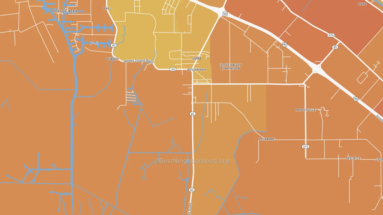 Map of the best neighborhoods in the Lydia area, with better matches in green and worse matches in red