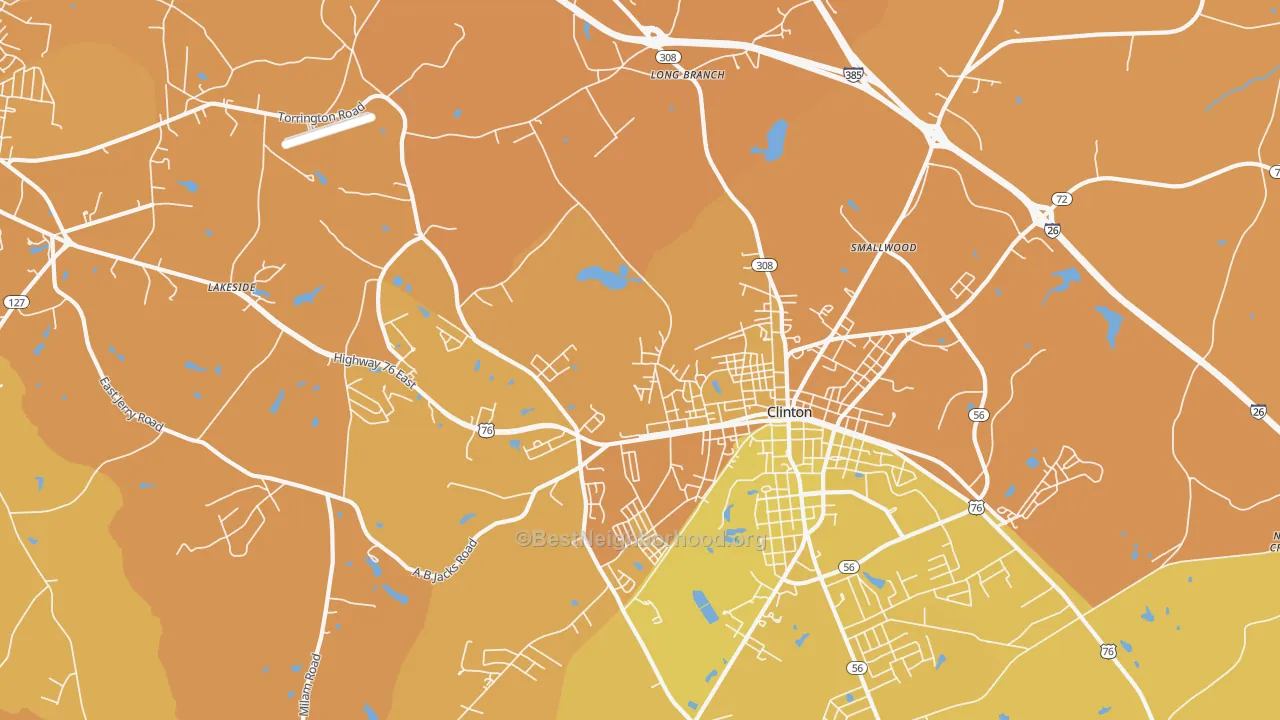 Map of the best neighborhoods in the Lydia Mills area, with better matches in green and worse matches in red